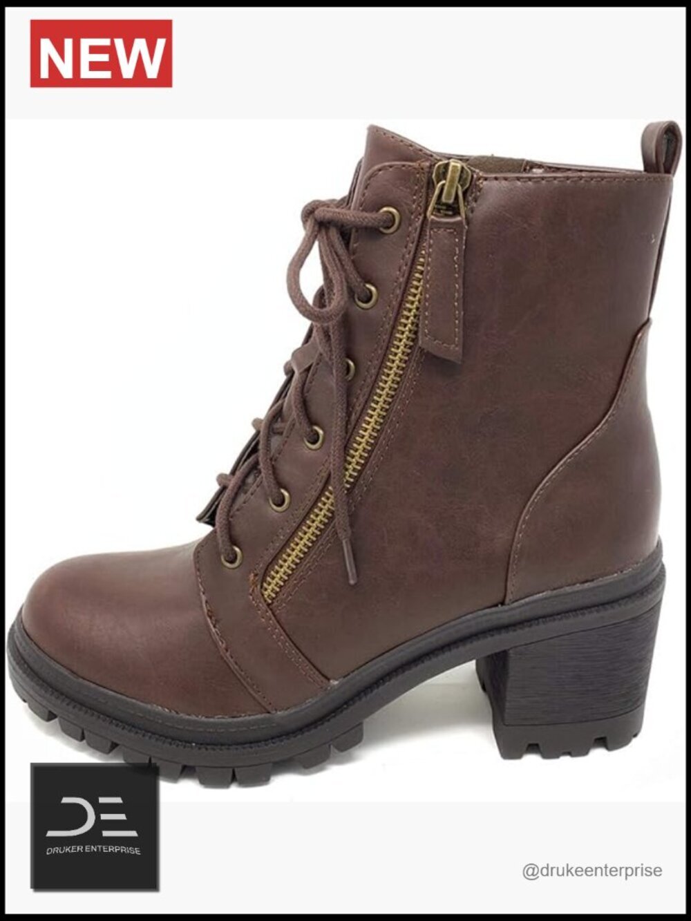 Faux Leather Lace Up High Chunky Heel Ankle Booties